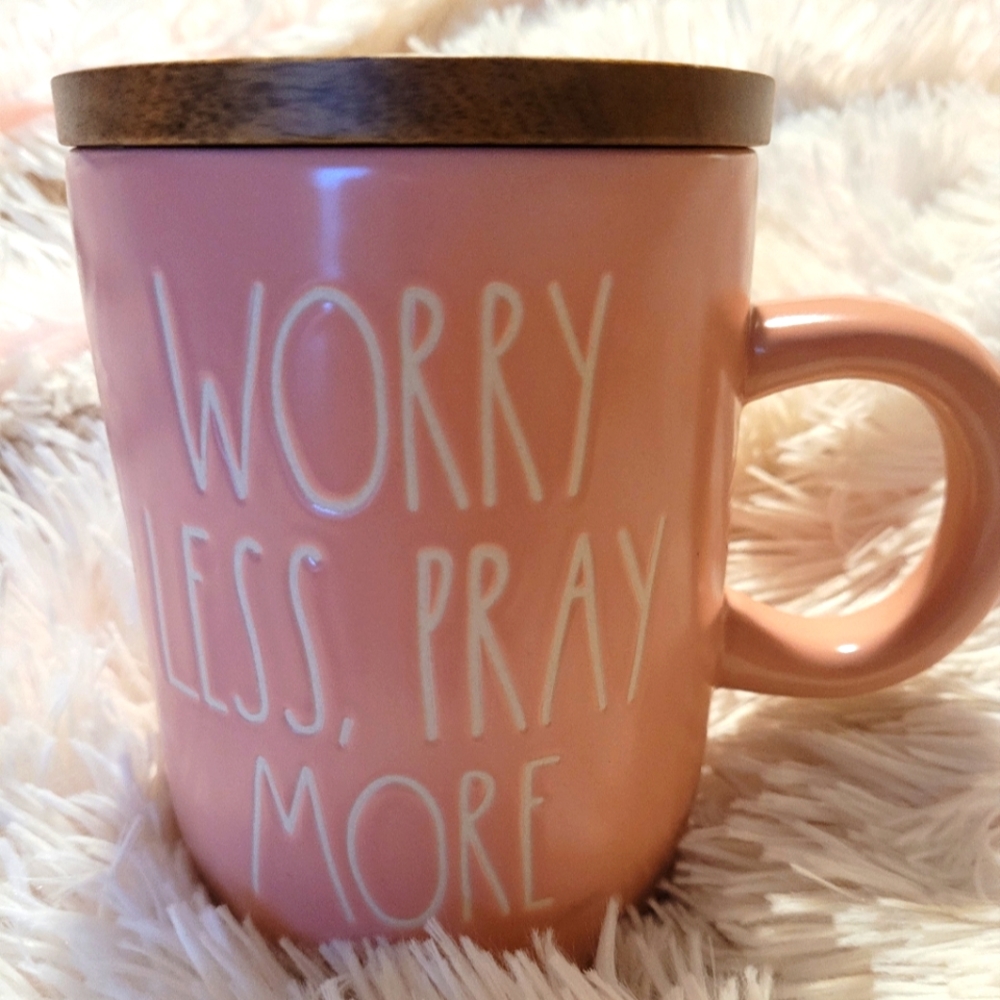 Rae Dunn Worry Less, Pray More mug with wooden lid
